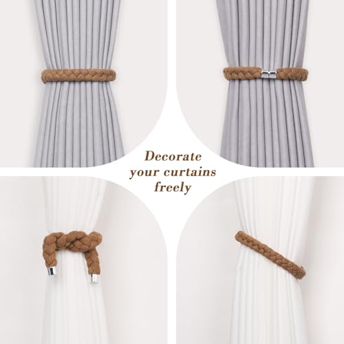 NICEEC 4 Pack Natural Cotton Rope Magnetic Curtain Tiebacks Elegant Twisted Braid Style Drape Tie Backs Soft Hand-Woven Rope Curtain Holdbacks for Home & Office Window Draperies (Khaki-01) - color: Khaki-01, size: 4 Pack