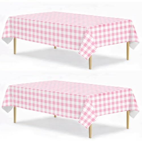 Pink Gingham Tablecloth 2 Pack, 54 × 108 in Rectangular Red and White Checkered Tablecloths, Disposable Plastic Pink Plaid Table Cover for Birthday Party, Picnic, Camping - color: Pink Gingham