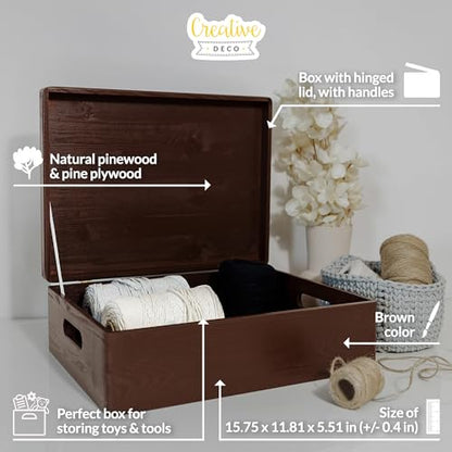 Creative Deco XL Brown Wooden Box Storage with Hinged Lid - color: Brown, size: XL | Handles