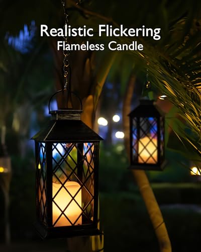 Homemory 2 Pack 13'' Copper Solar Lanterns, Flickering Flame Hanging Lights - color: Bronze