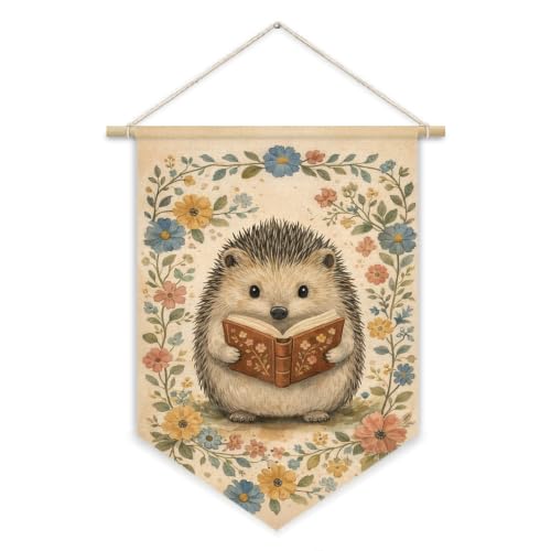 Cute Hedgehog Reading Book Woodland Nursery Decor Wall Hanging Flag - color: 01-Cute Hedgehog Reading Book(Beige)