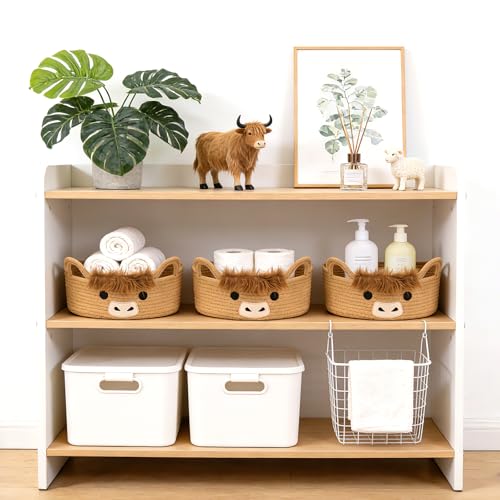 3 Pcs Oval Highland Cute Cow Basket for Nursery,Woven Rope Gift Basket - color: Brown, size: 3 PCS