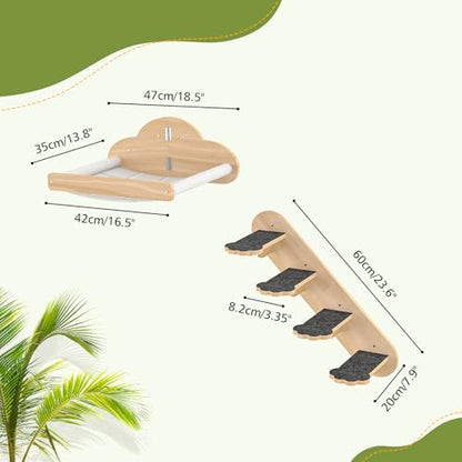 Wall Mounted Cat Hammock with 3 Climbing Steps,Pine Wood Cat Climbing Shelves & Perches up to 30lbs,Kitty Wall Shelf Furniture for Indoor Sleeping, Lounging,Climbing and Playing - size: Hammock