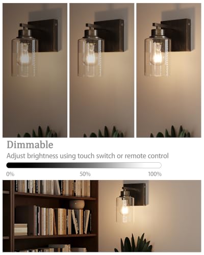 Rayogale Wireless Battery Operated Wall Sconce Set of 2 with Remote Control | Retro Industrial Black Brass Dimmable Easy Install Rechargeable Wall Light with Timer for Living Room Bedroom Emergency 3000K - color: Retro Black Brass(Clear Lampshades)