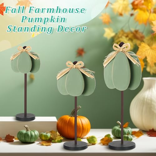Thyle 3 Pcs Fall Pumpkin Decor, Wooden, Pale Green - color: Pale Green