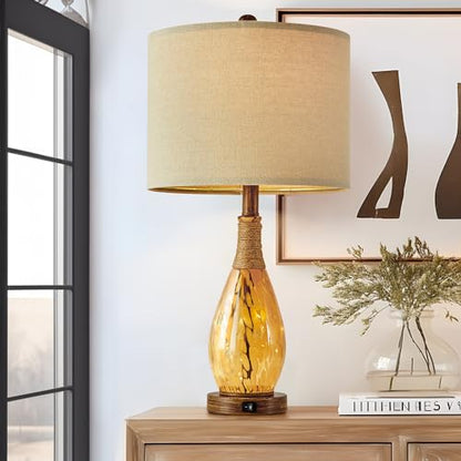 OYEARS 23" USB A+C Table Lamp for Bedroom Living Room Modern Bedside Lamps Retro Farmhouse Rattan Glass Nightstand Nightlight Lamps (Amber),Two Light Points - color: Wood Brown