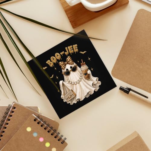 Preppy Halloween Leopard Bow Ghost Wood Box Sign Desk Decor 5X5 - color: Glam Ghost