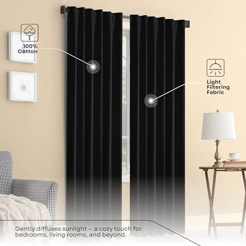 Black Solid Panel Curtains, 63 Inches Long, Set of 2, 100% Cotton, Light Filtering for Privacy, Modern Farmhouse Décor, Great for Bedroom, Living Room, 54" W x 63" L - color: Black, size: 54"W x 63"L (Pack of 2)