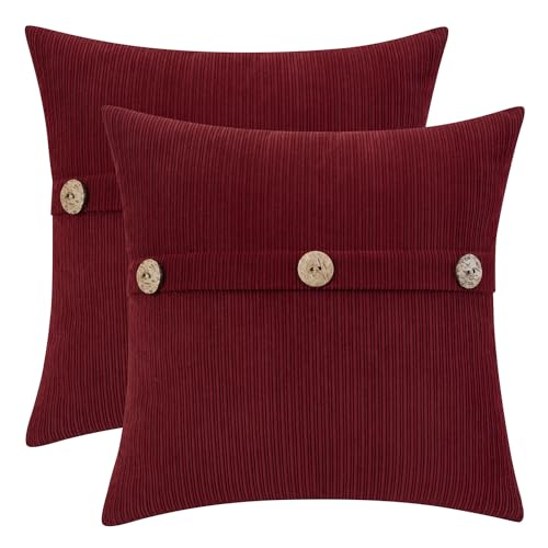 HWY 50 Burgundy Red Chenille Throw Pillow Covers 18x18 Inch Buttons - color: Burgundy Red, size: 18" x 18" (Pack of 2)