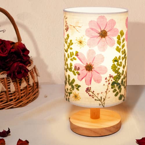 Dried Flowers Small Table Lamp 5W LED 3-Color Bedside Lamp Pressed Flowers Lampshade with Wood Base for Bedroom Living Room Desk Nursery - color: Flower-3-Color