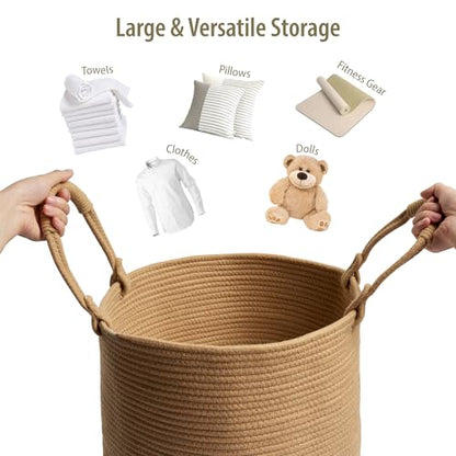 Laundry Hamper Basket, Woven Cotton Rope Blanket Basket, Nursery Storage - color: Jute, size: 15"D x 18"H