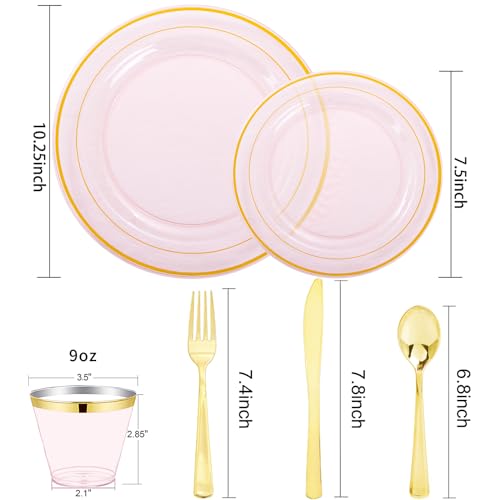 WELLIFE 210Pcs Clear-Pink Plastic Dinnerware- Pink and Gold Plastic Dinnerware include 30 Dinner Plates, 30 Dessert Plates, 90 Gold Silverware, 30 Cups and 30 Napkins Perfect for Parties - color: Clear Pink and Gold, style: 210PCS（30 Guests）