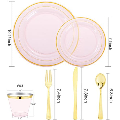 WELLIFE 350Pcs Clear-Pink Plastic Dinnerware- Pink and Gold Plastic Dinnerware include 50 Dinner Plates, 50 Dessert Plates, 150 Gold Silverware, 50 Cups and 50 Napkins Perfect for Parties - color: Clear Pink and Gold, style: 350PCS（50 Guests）