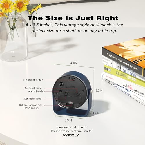 AYRELY® 3.5" Small Analog Travel Alarm Clock, Battery Operated Desk Clock - color: Navy Blue