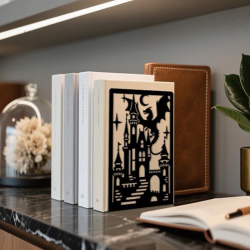 Peacoblue 5.3"x4.3"x7.9" Metal Bookends, Heavy Duty Book Ends for Shelves - style: Dragon and Castle