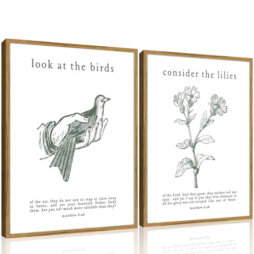 Framed Christian Wall Art Set – Matthew 6:26 “Look at the Birds” & “Consider the Lilies” Catholic Scripture Prints – Inspirational Bible Verse Wall Decor for Home, Church, Bedroom, Living Room12x16 Inches - color: Birds Lilies, size: 12 x 16 inches