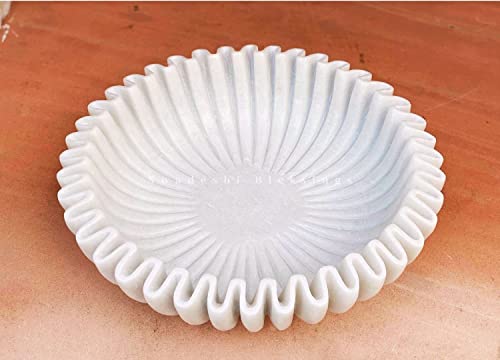 SWADESHI BLESSINGS Handcrafted Large Marble Ruffle Bowl for Home Decor, 12" - size: 12 Inches