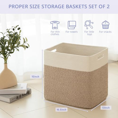 OIAHOMY 2 PACK Tall Storage baskets 55L Blanket Basket Living Room Brown - color: Brown, size: 16.5" x 13" x 15"