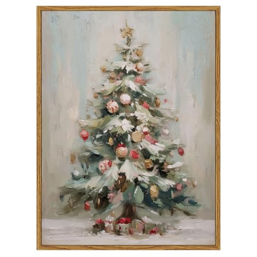 ARPEOTCY Framed Canvas Wall Art, 12x16 Inch Vintage Christmas Tree Print, Holiday Oil Painting Wall Decor for Living Room, Fireplace, or Festive Home Decoration - color: Merry Christmas, size: 16"L x 12"W