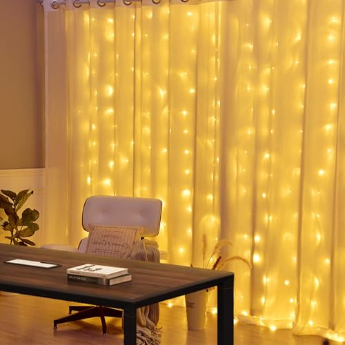 300 LED Twinkle Fairy Curtain Lights with Remote - 8 Lighting Modes, Hanging Warm String Light with USB Powered for Bedroom Wall, Wedding Backdrop and Christmas Party Window Decor