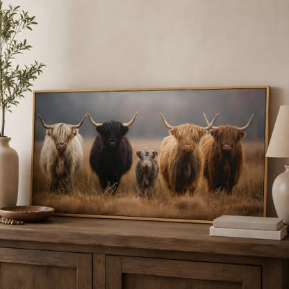 Framed Highland Cow Family Farmhouse Canvas Wall Art 16x32 Inch - color: Highland Cow, size: 32"L x 16"W