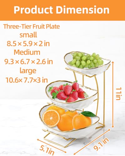 Fruit Bowl for Kitchen Counter, 3-Tier Fruit Basket, Ceramic Fruit Bowl with Metal Stand for Fruit, Vegetable Storage, Snack, Nuts, Dessert, Cake, Stylish & Cute
