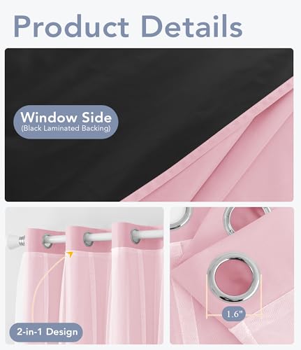 100% Blackout Curtains with Sheer Overlay, Pink, 52 x 63 inch, 2 Panels - color: Pink, size: 52"W x 63"L (Pack of 2)