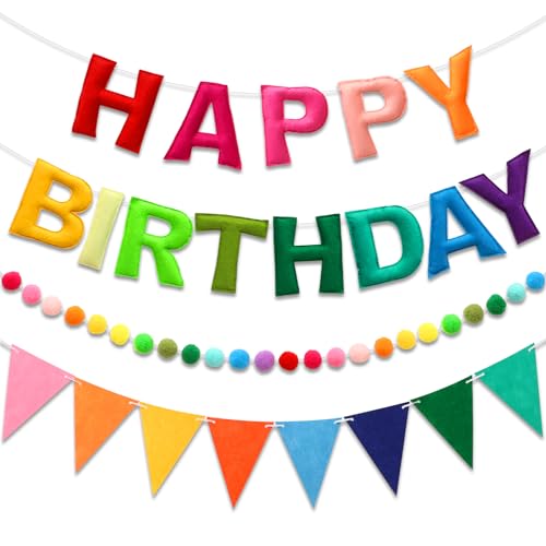 Pre-Strung Felt Happy Birthday Banner Rainbow Garland Set - color: Colorful