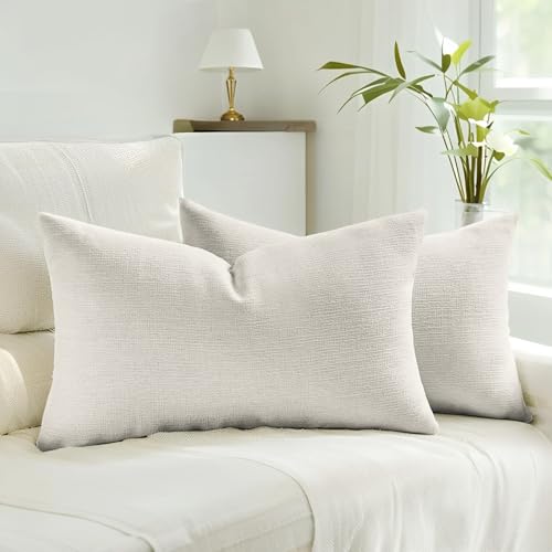 HAUSSY Pack of 2 Faux Linen Throw Pillow Covers 12x20 Inch, Ivory White - color: Ivory White, size: 20" x 12" (Pack of 2)