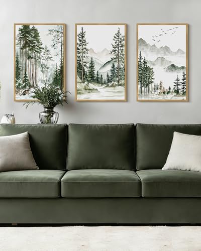 Drsoum Green Tree Forest Mountain Framed Wall Art Nature Landscape Prints Morden Wilderness Artwork Hallway Bedroom Ready to Hang 16x24in Natural Framed - color: Line Abstract, size: 24L" x 16W", Natural Framed