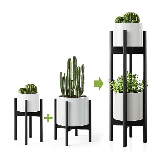 MUDEELA 2 Pack Indoor Plant Stands, 2 Tier Tall Plant Stand 30 inches, Mid Century Bamboo Plant Stand, Adjustable Width 8 - 12 inches, Fits Pot Size of 8 9 10 11 12 inches Pot & Plant Not Included, Black