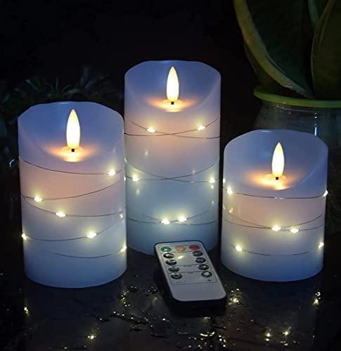 danip Sky Blue LED Flameless Candle with Embedded Starlight String, 3 LED Candles, 11 Key Remote Control, 24 Hour Timer Function, Dancing Flame, True Wax, Battery Powered. (Sky Blue) - color: BlueA#1*3