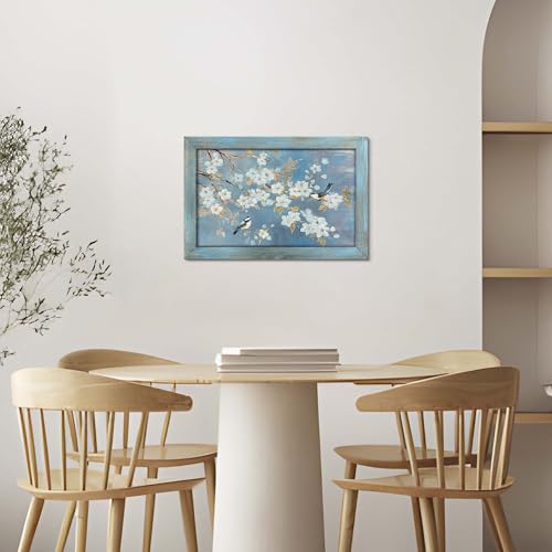 Gilded Birds on White Blossom Branches Framed Wall Art, Soft Blue, 24"x16" - color: Birds on White Blossom, size: 24"L x 16"W