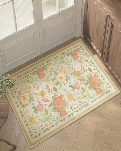 2x3 Entryway Rug Small Door Mat Indoor Entrance Machine Washable Boho Floral Area Rug Non-Slip Low Pile Throw Rugs for Entryway, Kitchen, Bedroom, Bathroom, Front Door Indoor Entrance, Entry - color: Floralbeige, size: 2' x 3' (Rectangular)