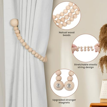 KLOGTSIND Magnetic Curtain Tiebacks, 2 Pack Wood Bead Curtain Holdbacks - color: Beechwood