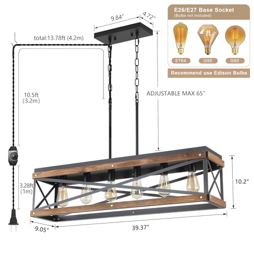 Rustic Farmhouse Plug in Kitchen Island Lighting, 6 Lights Rectangular Pendant Light Fixture with Adjustable Chain, Dimmable Switch, Oak Wood and Metal Linear Chandelier for Dining Room Home, Black - size: Large 6-Light Hanging Lamp