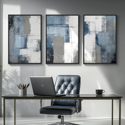 Large Framed Blue and Gray Abstract Wall Art for Living Room, 3 Piece 24x36 - color: Ash Blue Balance, size: 24" W x 36" H x 3Pcs