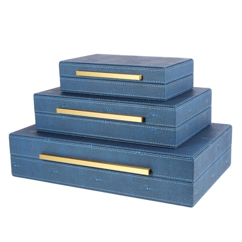 Decorative Storage Boxes with Lids, Decorative Boxes for Home Decor, Faux Shagreen Decorative Box for Stacking Jewelry, Photo, Memory, Storage Boxes, Set of 3 (Blue) - color: Blue