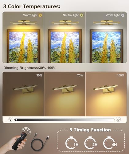 12.6 Inch Gold Picture Light Battery Operated with Remote and Timer - color: Gold, size: 12.6 In