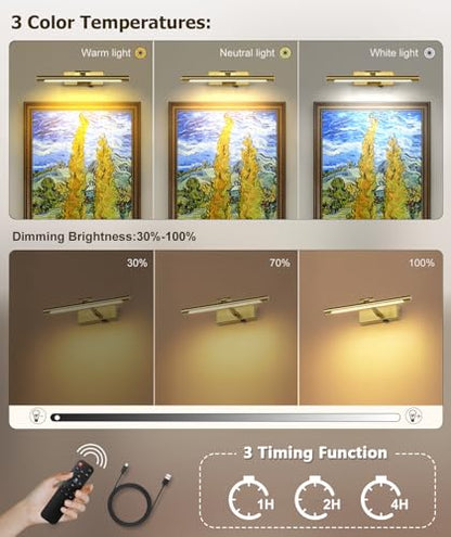 12.6 Inch Gold Picture Light Battery Operated with Remote and Timer - color: Gold, size: 12.6 In