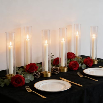Hurricane Candle Holders Golden Taper Candle Sticks Holder, with 11" Thickened Glass Cylinder Covers Ribbed Candlesticks Holders Bulk Set of 10, Dining Table Centerpiece for Wedding - color: Clear Ribbed