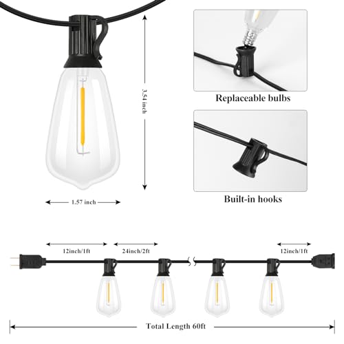 Brightever 60FT Outdoor String Lights 32 Bulbs, Waterproof Patio Lights - color: Black Wire Warm White, size: 60FT