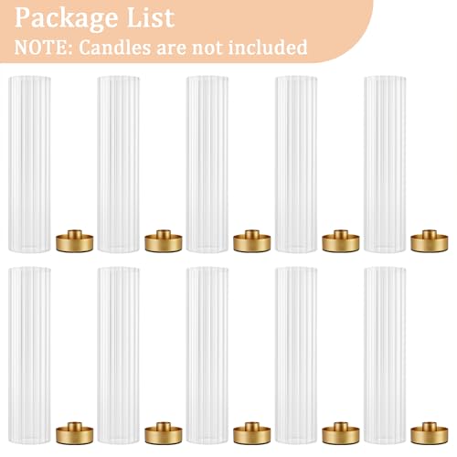 Hurricane Candle Holders Golden Taper Candle Sticks Holder, with 11" Thickened Glass Cylinder Covers Ribbed Candlesticks Holders Bulk Set of 10, Dining Table Centerpiece for Wedding - color: Clear Ribbed