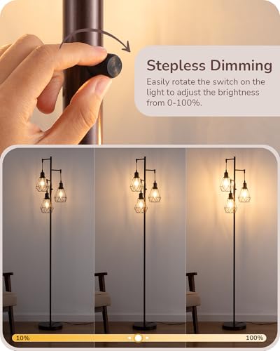 EDISHINE 70" Industrial 3 Light Floor Lamp with 3 LED Bulbs, Dimmable - color: Brown