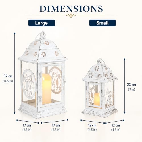 TRIROCKS Set of 2 Farmhouse Candle Lanterns 14.5"&9" H Rustic Metal Decorative Lanterns with Glass, Tabletop Candle Holders for Spring Garden Yard Patio Indoors Outdoors Decor(White with Black Brush) - color: White With Black Brush