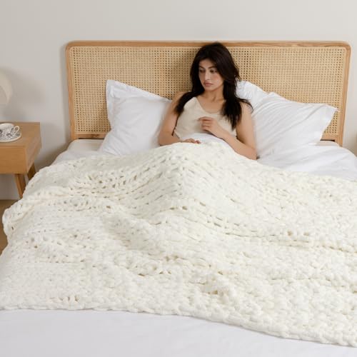 WESHIONGOO Chunky Knit Blanket Throw 40"×40" Cream White - color: Cream White, size: 40"x40"(Small Size Throw)