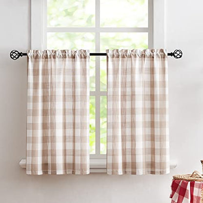 Taupe White Check Kitchen Tier Curtains for Basement Laundry 27x36 2pcs - color: Taupe and White, size: 24"W x 36"L (Pack of 2)