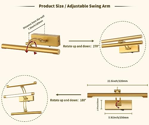 Battery Operated Picture Light with Remote,Wireless Gallery Lights Gold 12in Rechargeable Display Light with Flexible Swing Arm,Dimmable Wall Sconce for Artwork on Wall - color: Model A-Gold