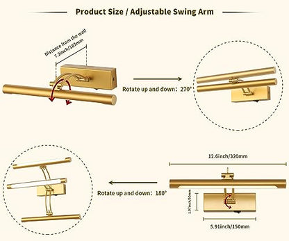 Battery Operated Picture Light with Remote,Wireless Gallery Lights Gold 12in Rechargeable Display Light with Flexible Swing Arm,Dimmable Wall Sconce for Artwork on Wall - color: Model A-Gold
