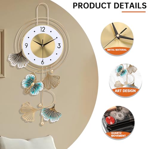 Large Wall Clock for Living Room, Round dial with Golden Green Leaves and Butterfly, Modern Silent Non-ticking Metal Wall Clocks for Kitchen Bedroom Study Office, 12.5x25.5inch (Gold Butterfly&Leaves) - color: White Leaf